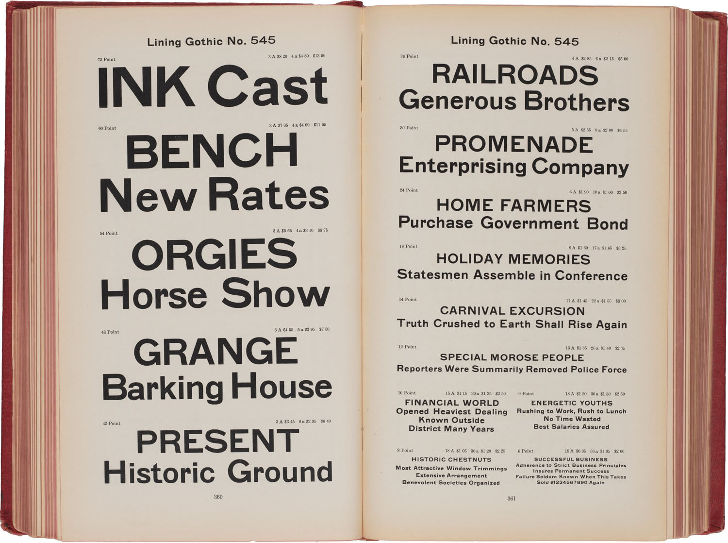 An open type specimen book shows samples of the typeface Lining Gothic at various sizes