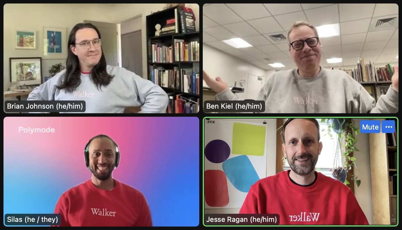 Screenshot of four people on a Zoom call, with their names below: Brian Johnson (he/him), Ben Kiel (he/him), Silas (he/they), Jesse Ragan (he/him)