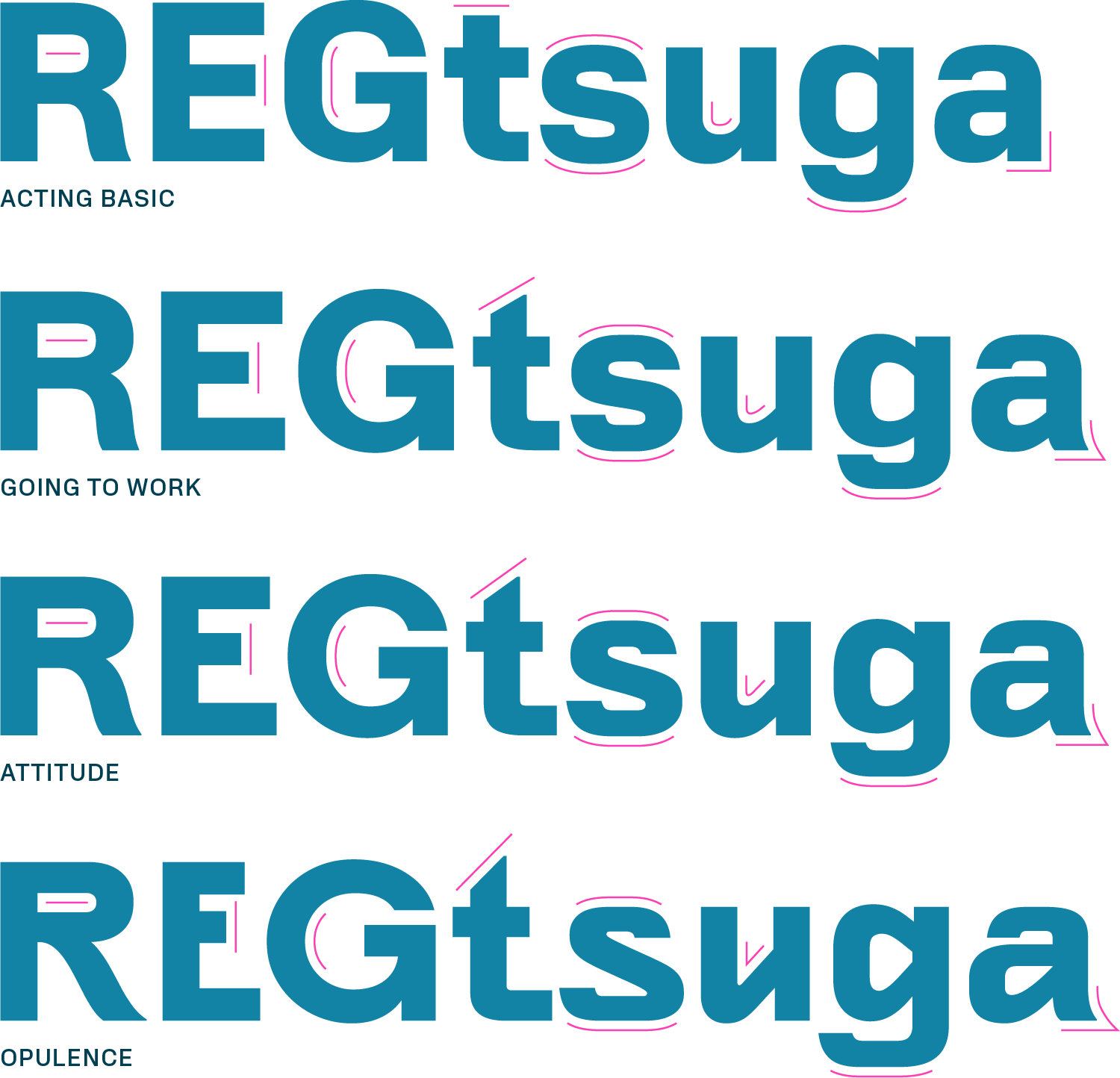 The letterform string “REGtsuga” repeated four times, demonstrating structural and stylistic differences between four different type styles, labeled Acting Basic, Going to Work, Attitude, and Opulence