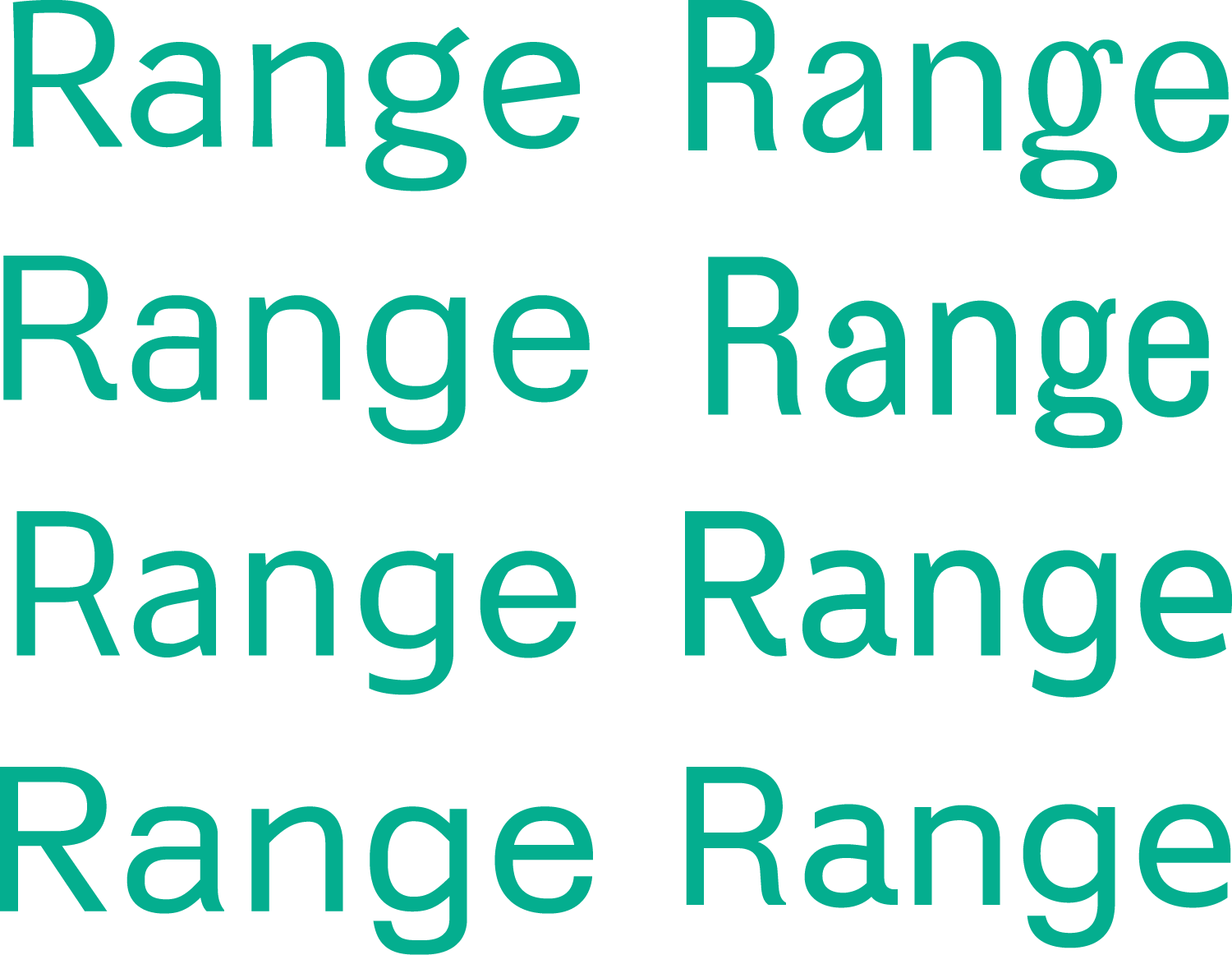 The word “Range” repeated eight times, demonstrating concepts for different styles of typefaces)