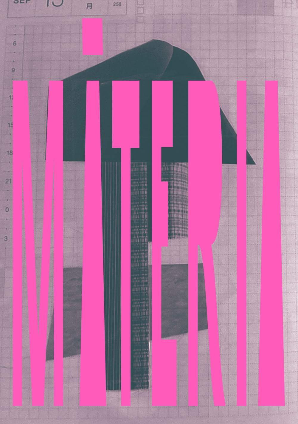Digital typeset text 'MATERIA' over a handmade collage composition.