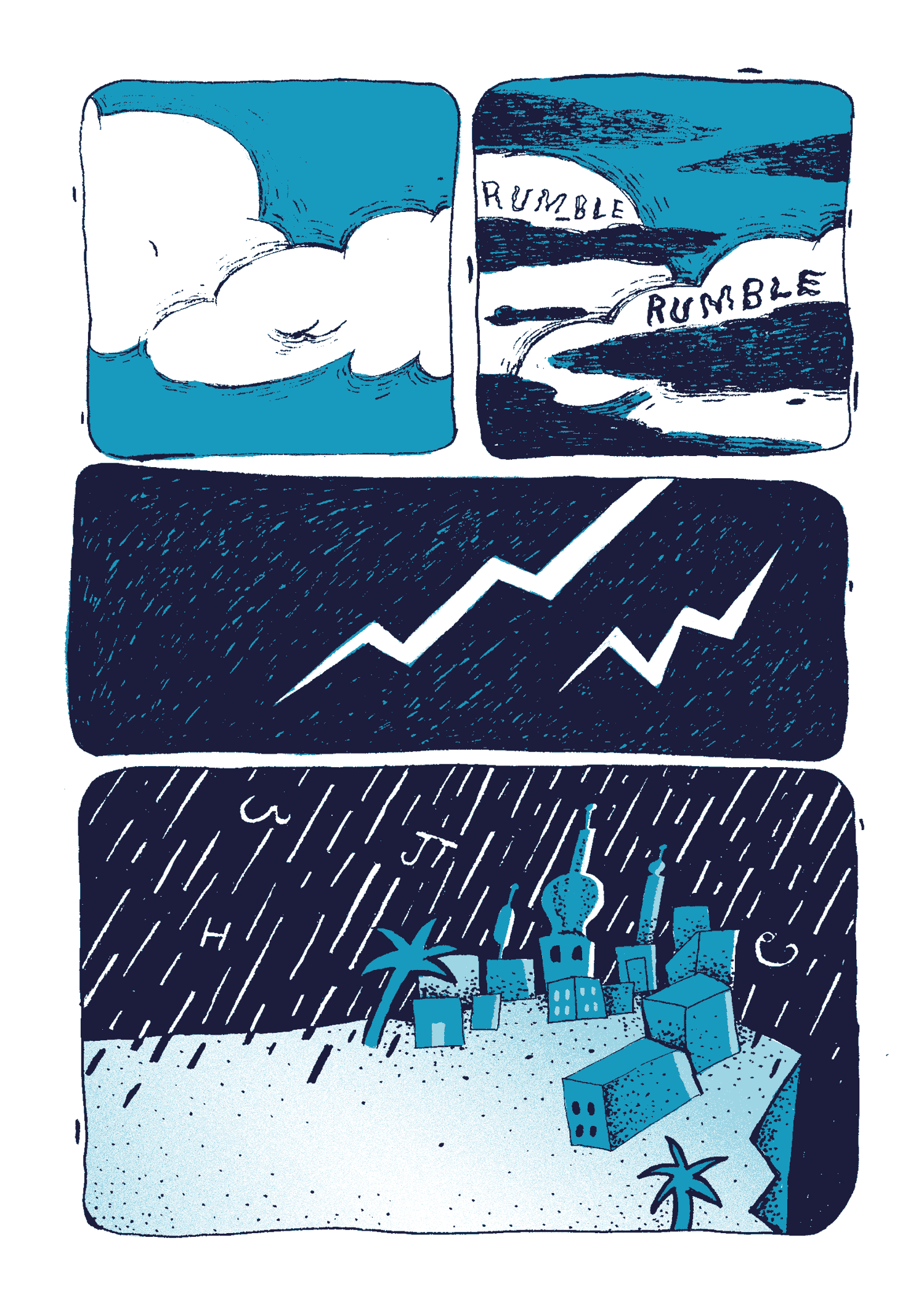 Clouds / Thunder (rumble rumble) / Lightning / Rain falls on the city, with large glyphs mixed in.