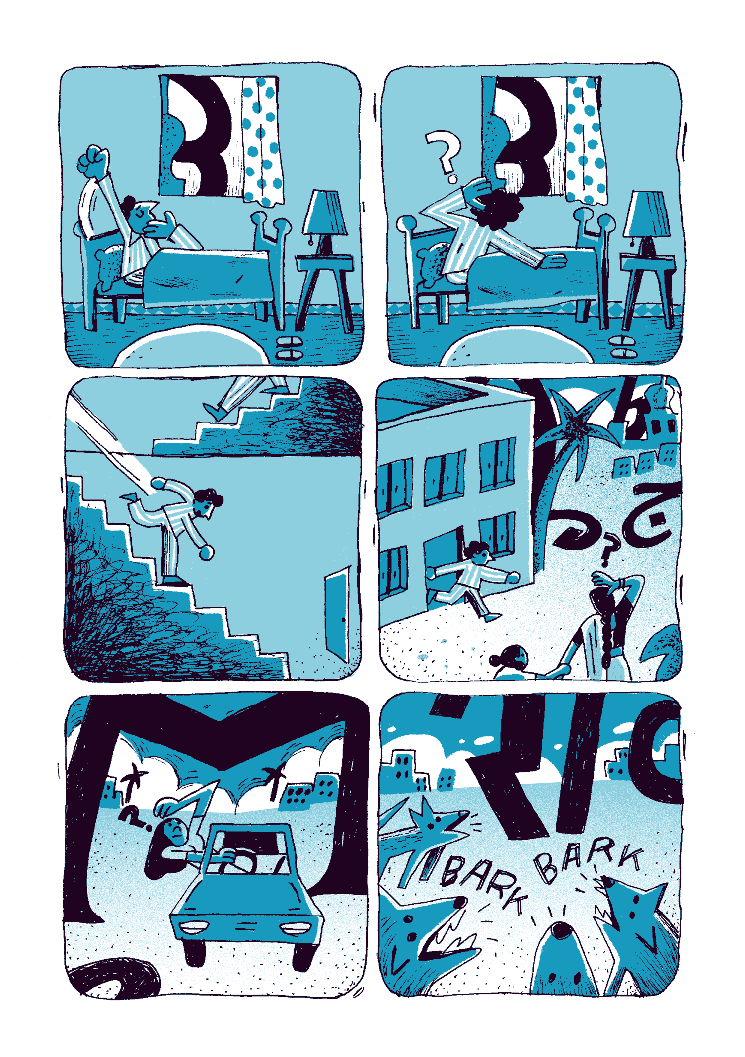 A person wakes up, sees a giant glyph outside their window, runs outside to a scene of pandemonium: gigantic unfamiliar glyphs are all over the city, a car driver scratches their head at the scene, and dogs bark at the unfamiliar objects.