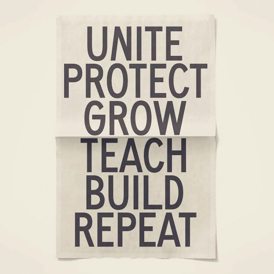 A one-color poster with a fold, the page filled with large condensed sans serif type of these stacked words: UNITE PROTECT GROW TEACH BUILD REPEAT